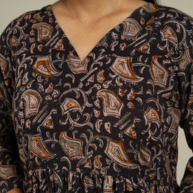 Black Block Print Natural Dyed Cotton Tiered Kalamkari Dress