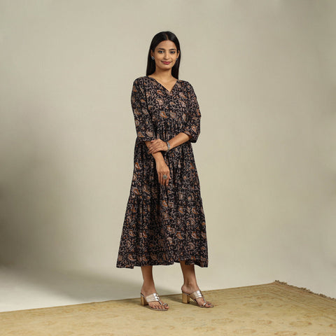 Black Block Print Natural Dyed Cotton Tiered Kalamkari Dress