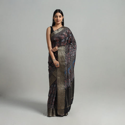 Natural Dyed Hand Block Print Dola Silk Ajrakh Saree 05