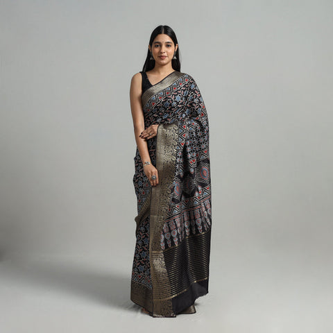  Natural Dyed Hand Block Print Dola Silk Ajrakh Saree