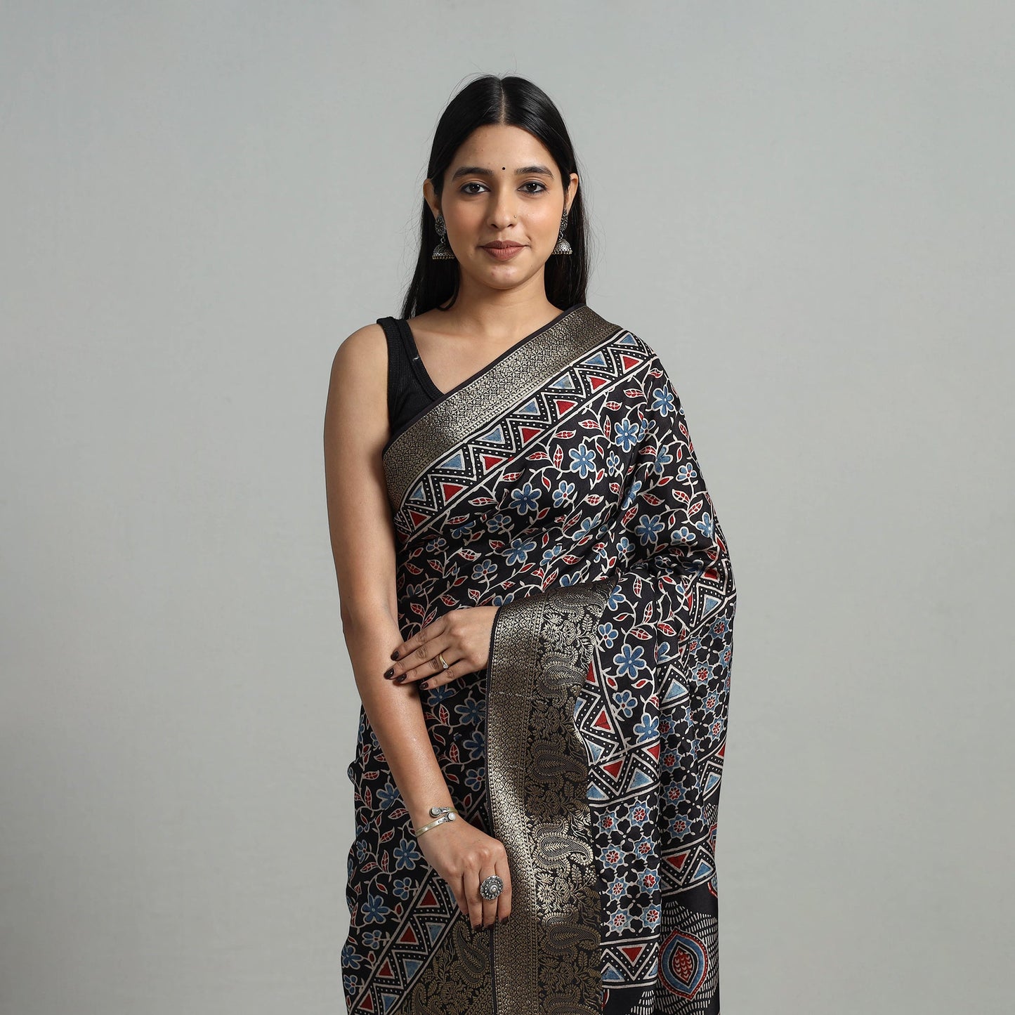  Natural Dyed Hand Block Print Dola Silk Ajrakh Saree