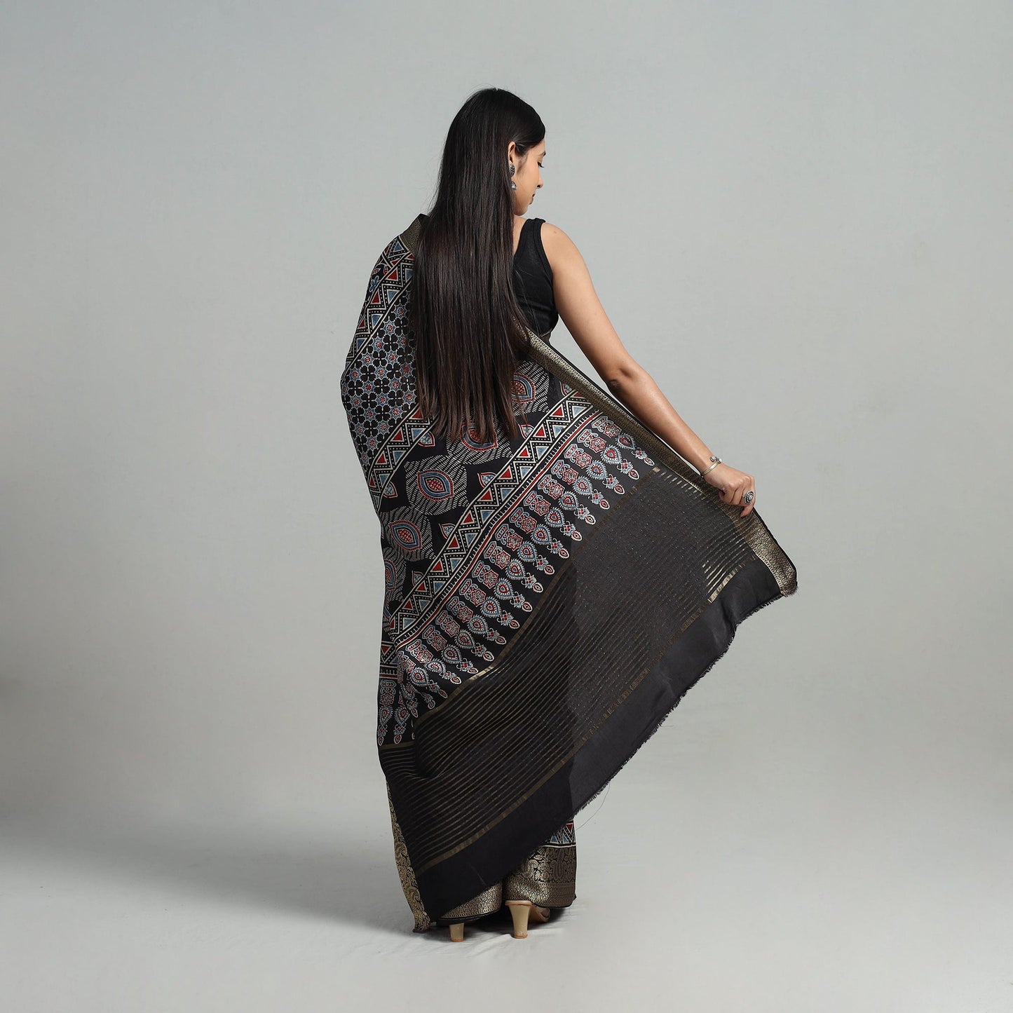  Natural Dyed Hand Block Print Dola Silk Ajrakh Saree