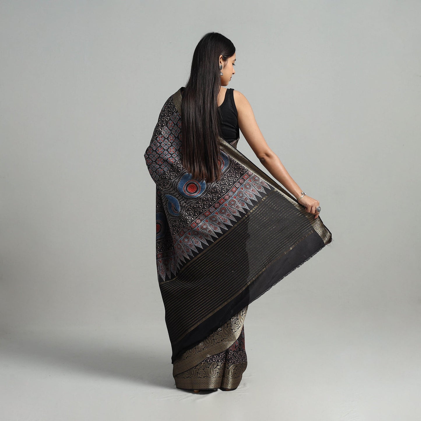 Natural Dyed Hand Block Print Dola Silk Ajrakh Saree 05