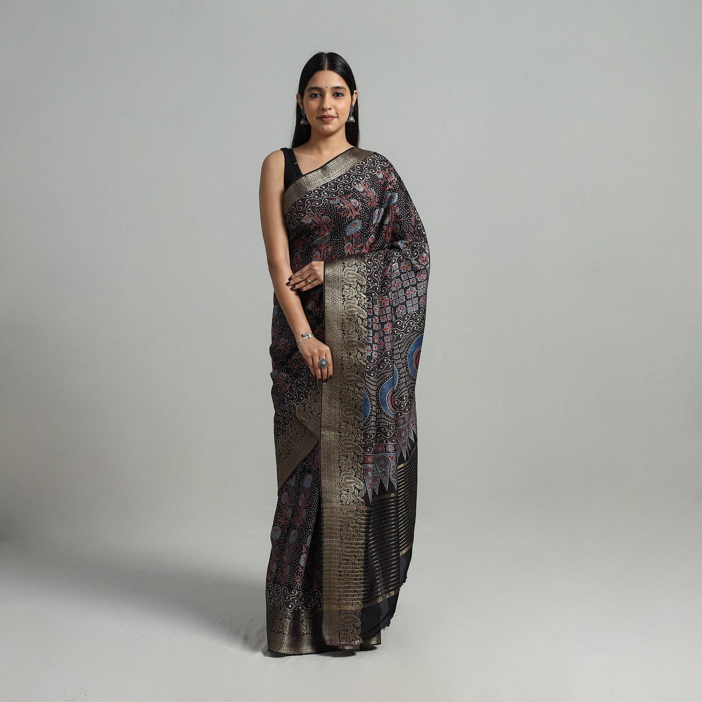 Natural Dyed Hand Block Print Dola Silk Ajrakh Saree 05