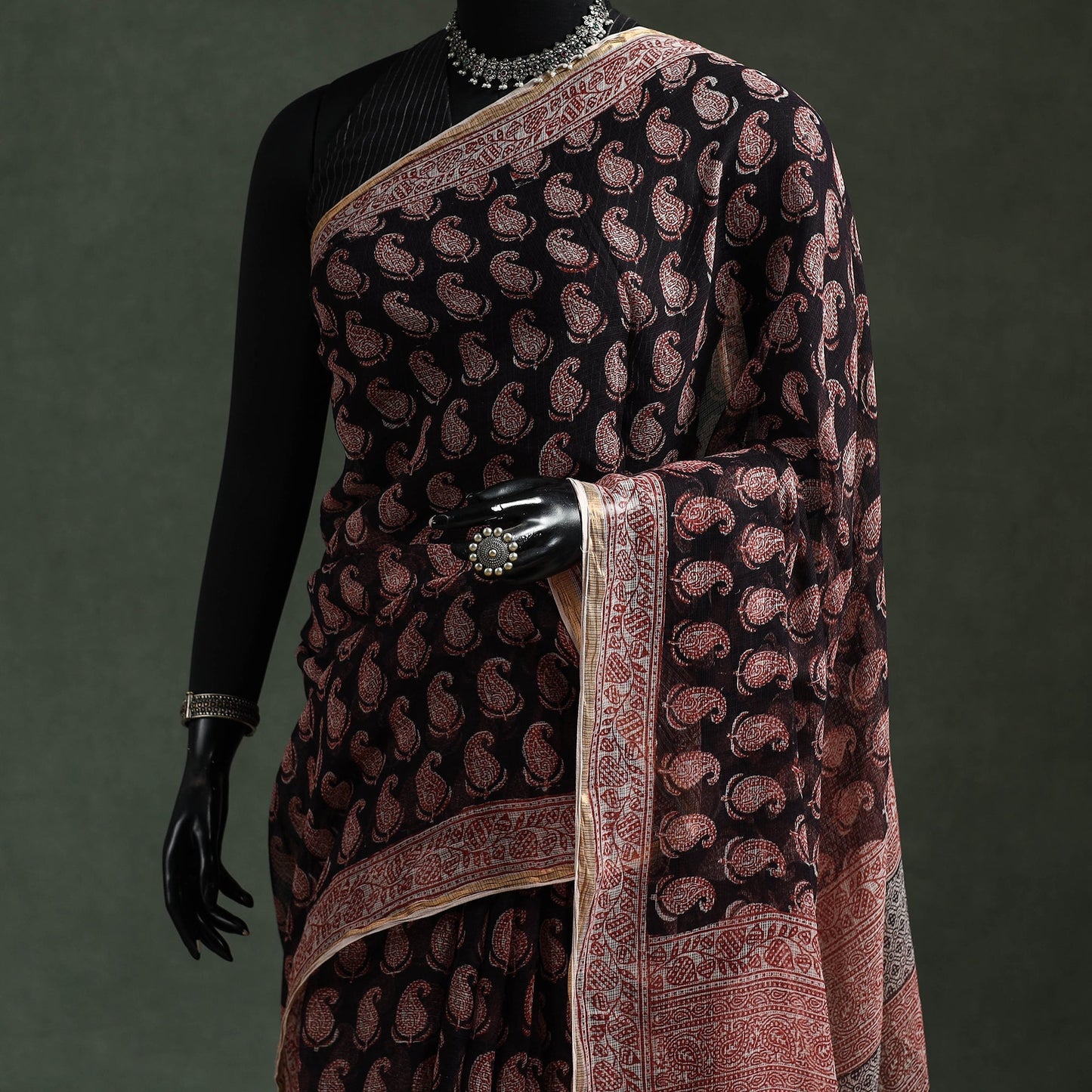 Natural dyed kota doria cotton hand block bagh print saree