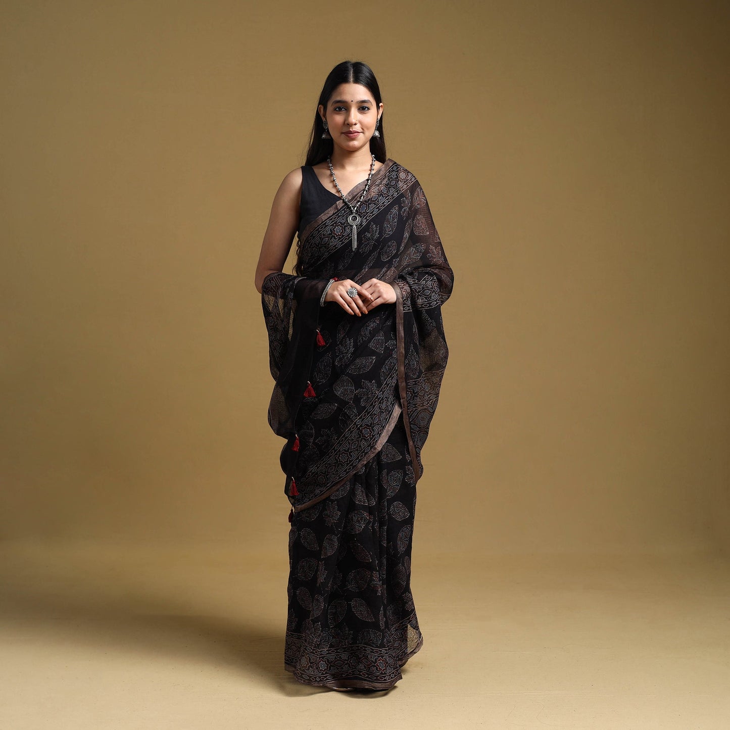 Black Natural Dyed Block Print Kota Doria Cotton Ajrakh Saree