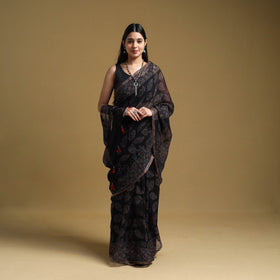 Black Natural Dyed Block Print Kota Doria Cotton Ajrakh Saree