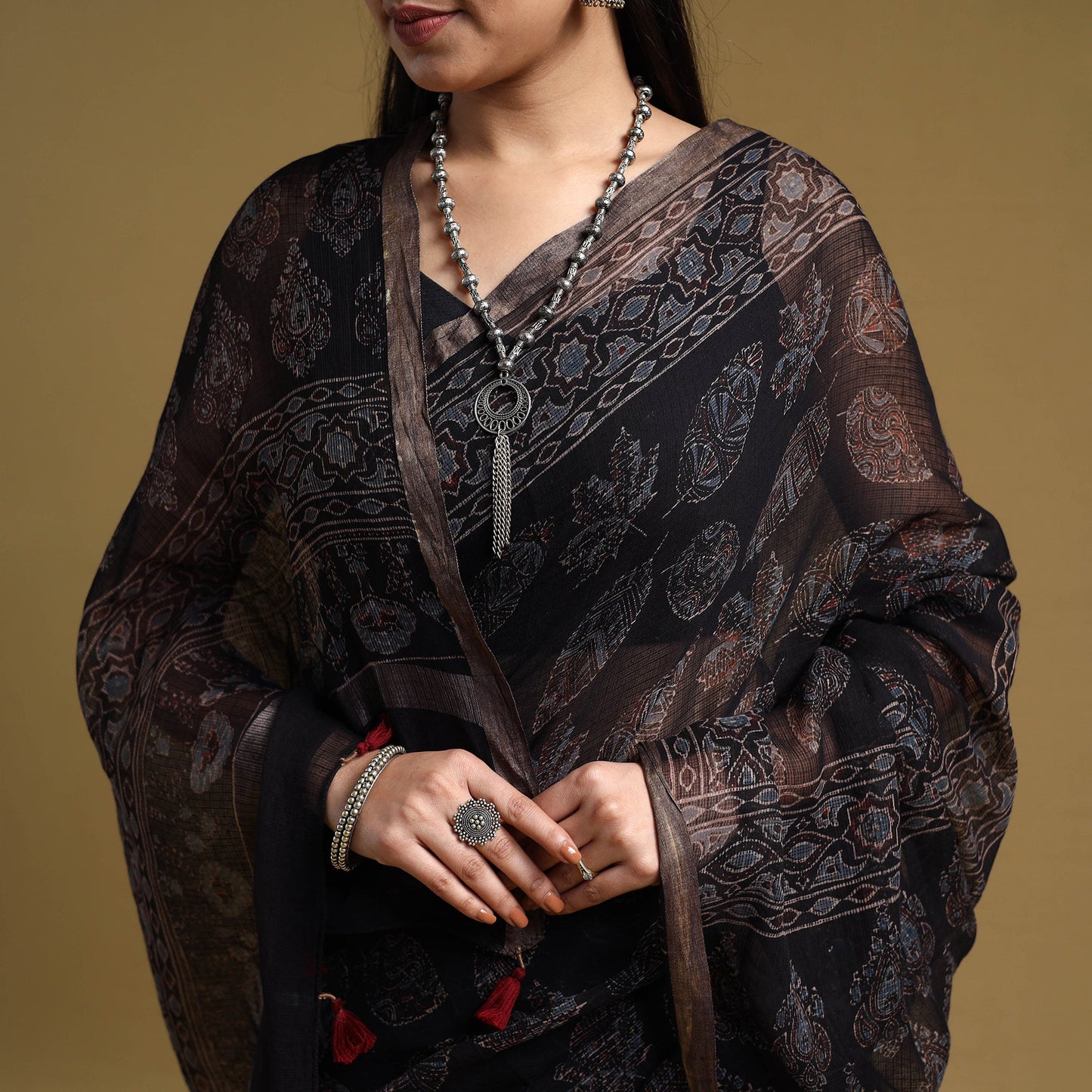 Black Natural Dyed Block Print Kota Doria Cotton Ajrakh Saree