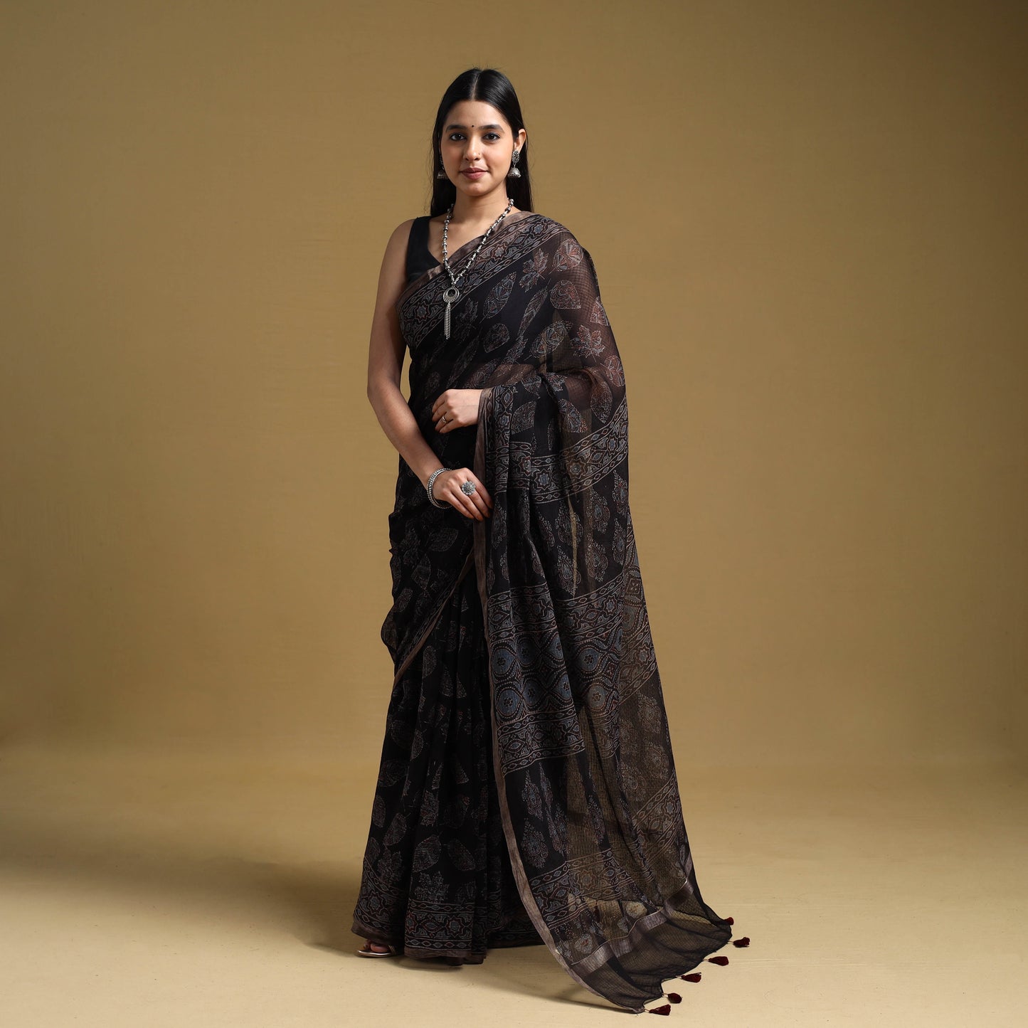 Black Natural Dyed Block Print Kota Doria Cotton Ajrakh Saree