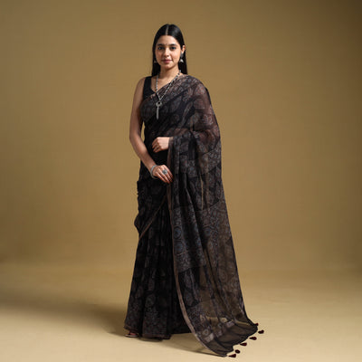 Black Natural Dyed Block Print Kota Doria Cotton Ajrakh Saree