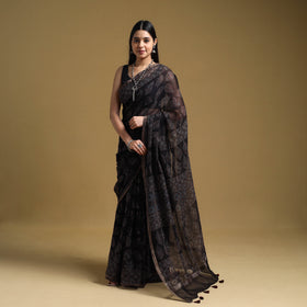 Black Natural Dyed Block Print Kota Doria Cotton Ajrakh Saree