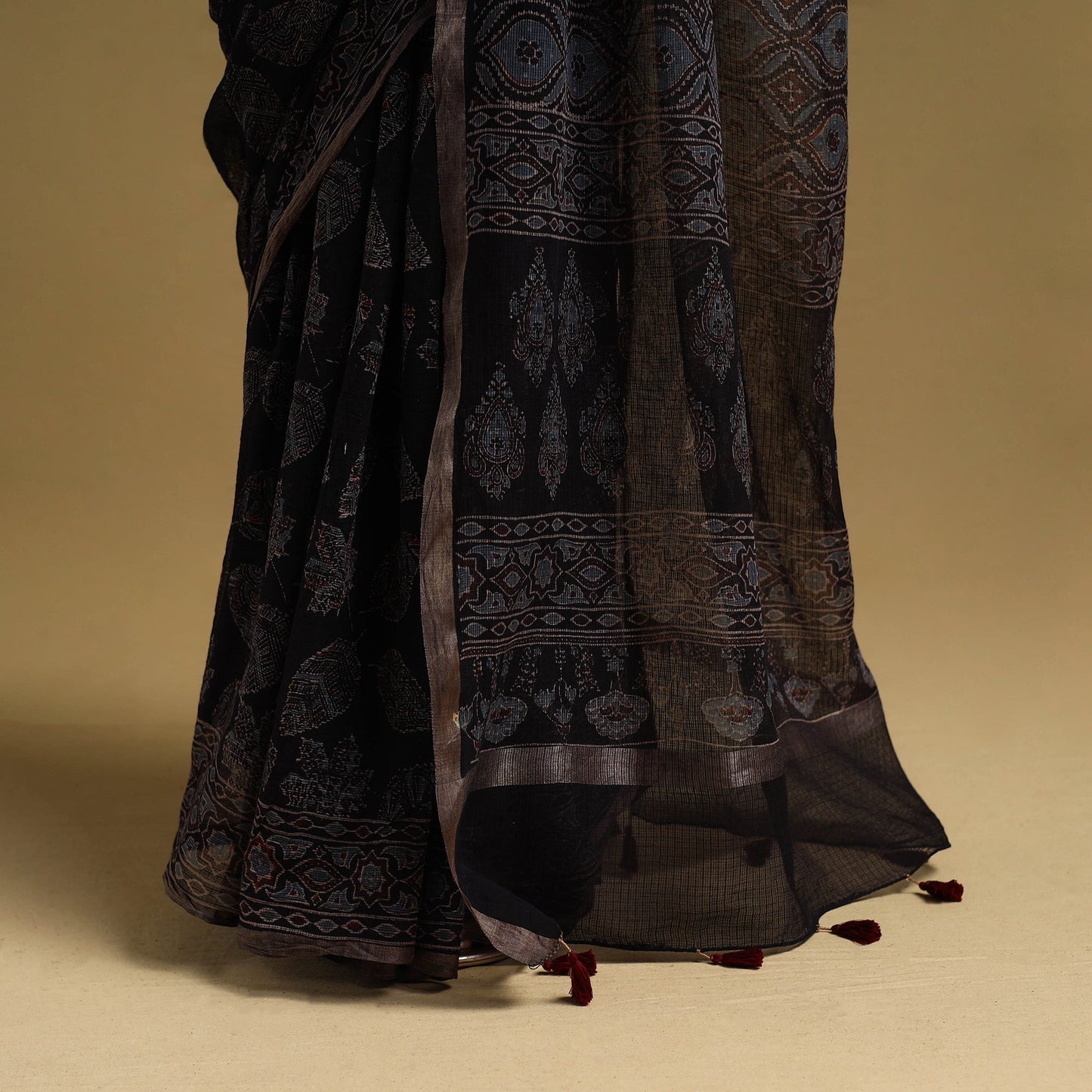Black Natural Dyed Block Print Kota Doria Cotton Ajrakh Saree