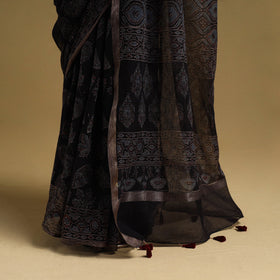 Black Natural Dyed Block Print Kota Doria Cotton Ajrakh Saree