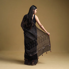 Black Natural Dyed Block Print Kota Doria Cotton Ajrakh Saree