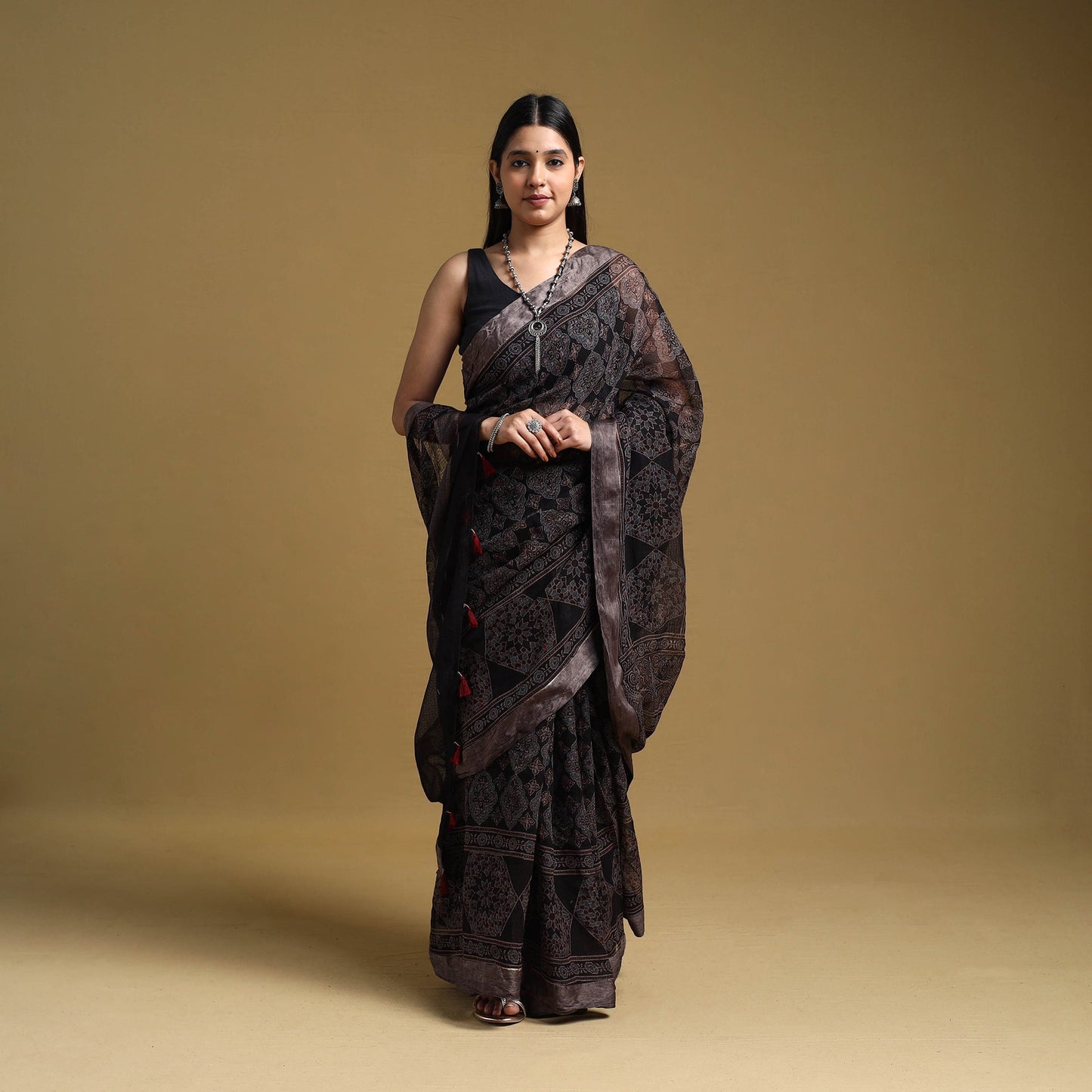 Natural Dyed Block Print Kota Doria Cotton Black Ajrakh Saree