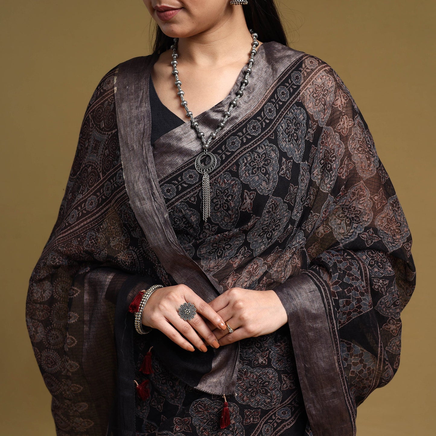 Natural Dyed Block Print Kota Doria Cotton Black Ajrakh Saree