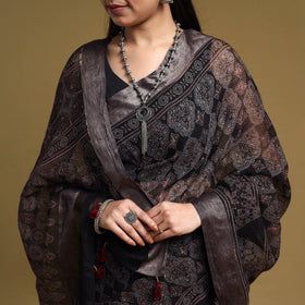 Natural Dyed Block Print Kota Doria Cotton Black Ajrakh Saree