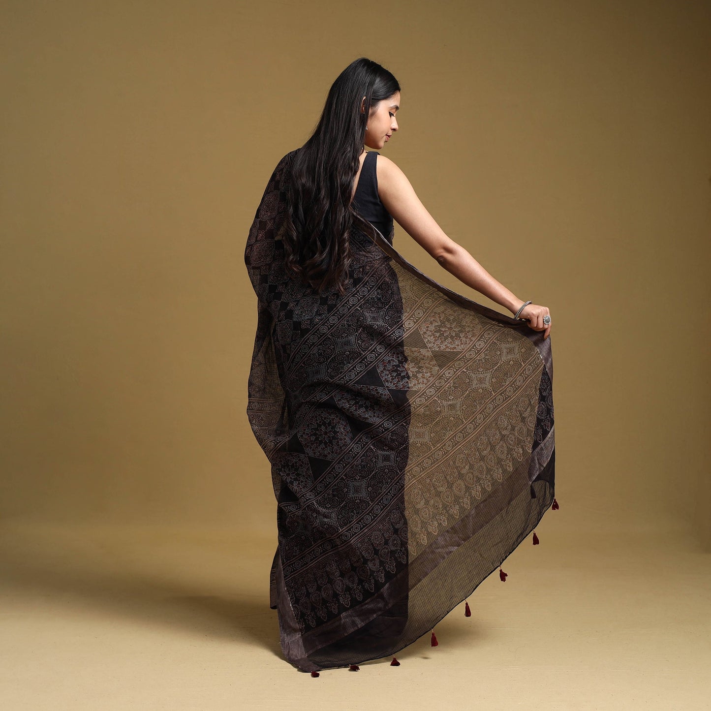 Natural Dyed Block Print Kota Doria Cotton Black Ajrakh Saree