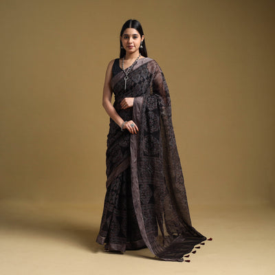 Natural Dyed Block Print Kota Doria Cotton Black Ajrakh Saree