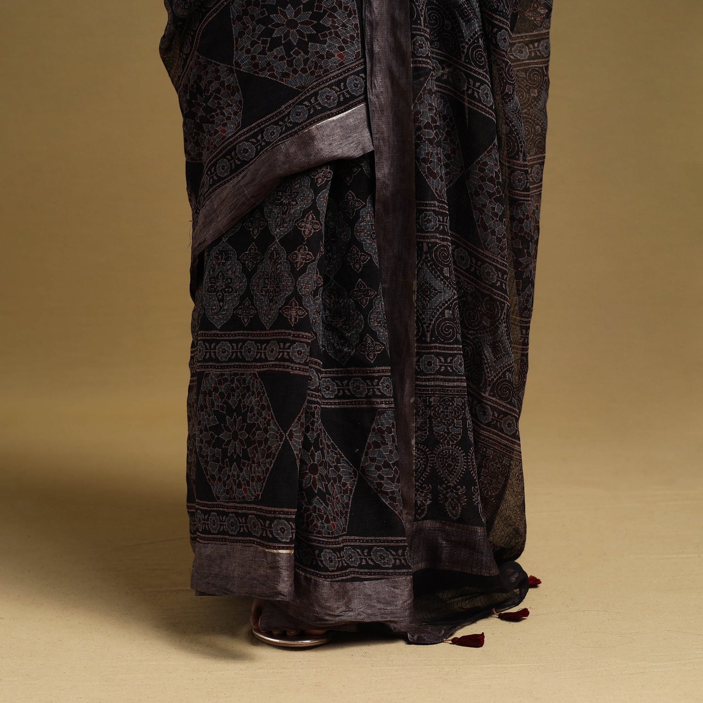 Natural Dyed Block Print Kota Doria Cotton Black Ajrakh Saree