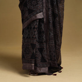 Natural Dyed Block Print Kota Doria Cotton Black Ajrakh Saree