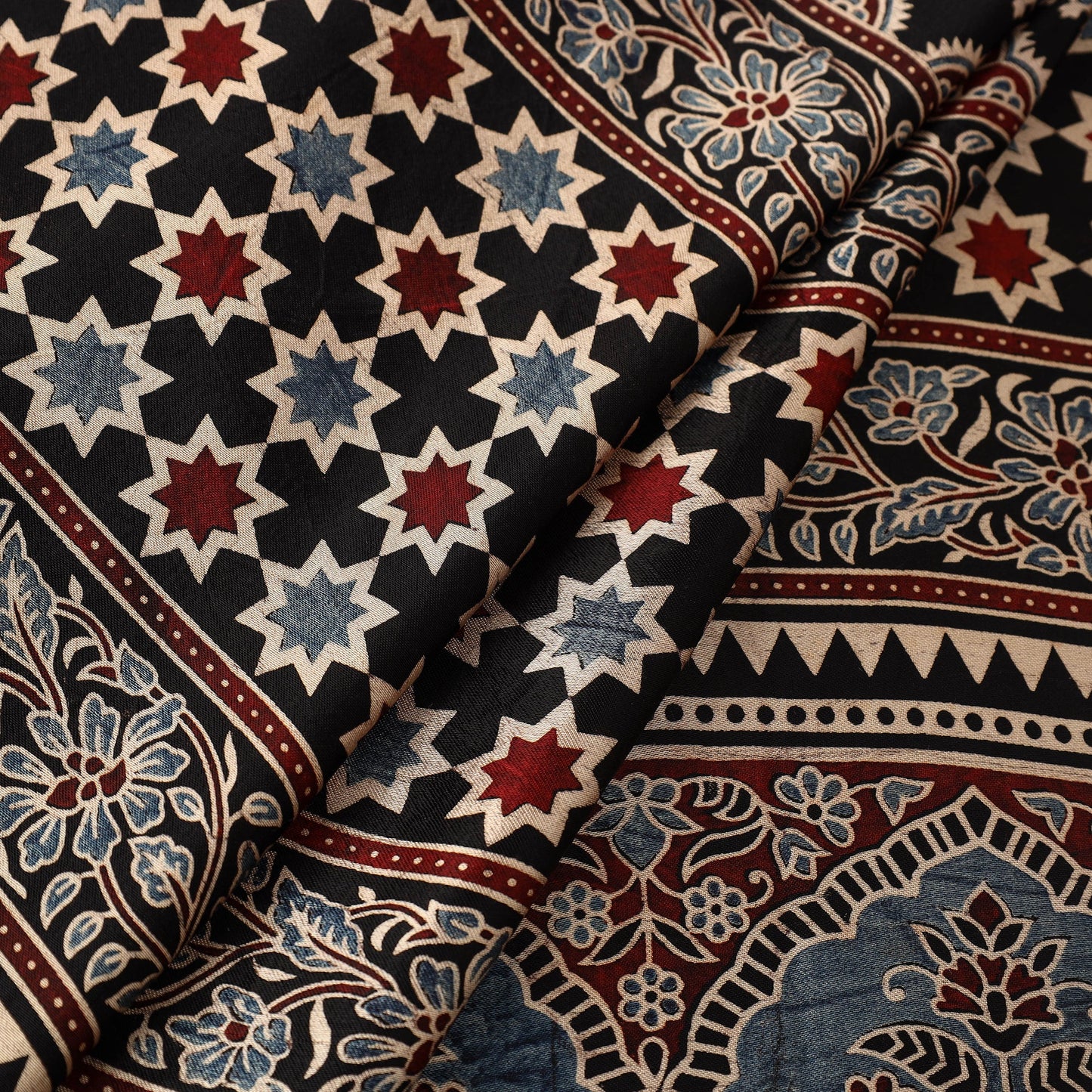 Black Natural Dyed Mashru Silk Ajrakh Print Fabric
