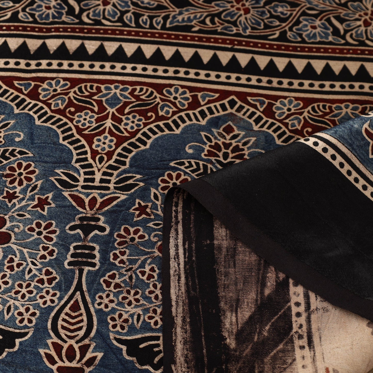 Black Natural Dyed Mashru Silk Ajrakh Print Fabric