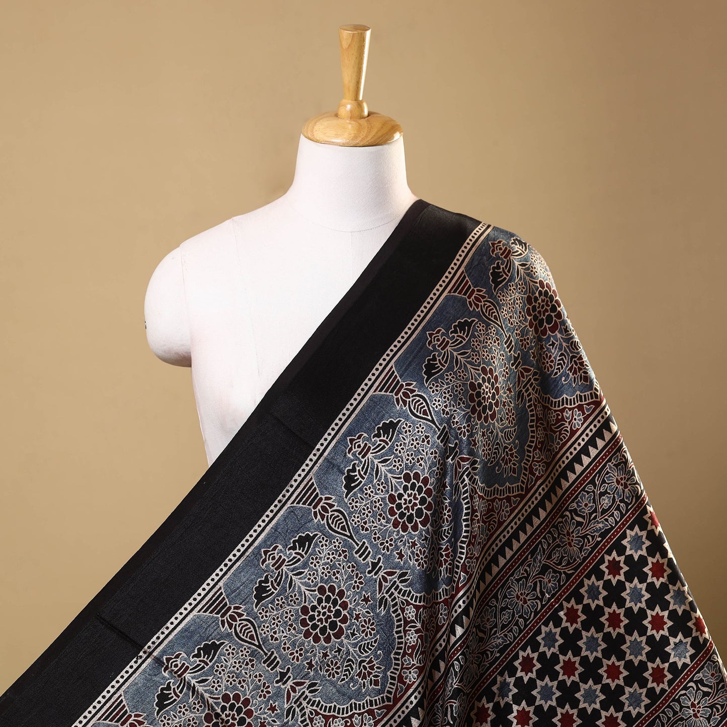 Black Natural Dyed Mashru Silk Ajrakh Print Fabric