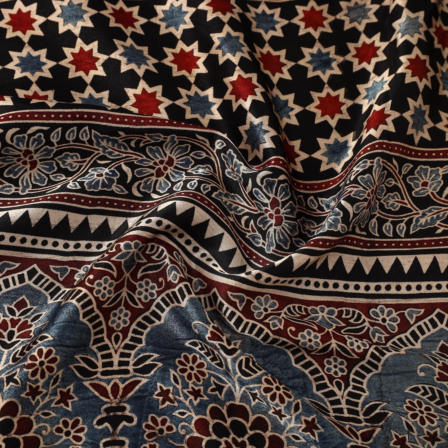 Black Natural Dyed Mashru Silk Ajrakh Print Fabric