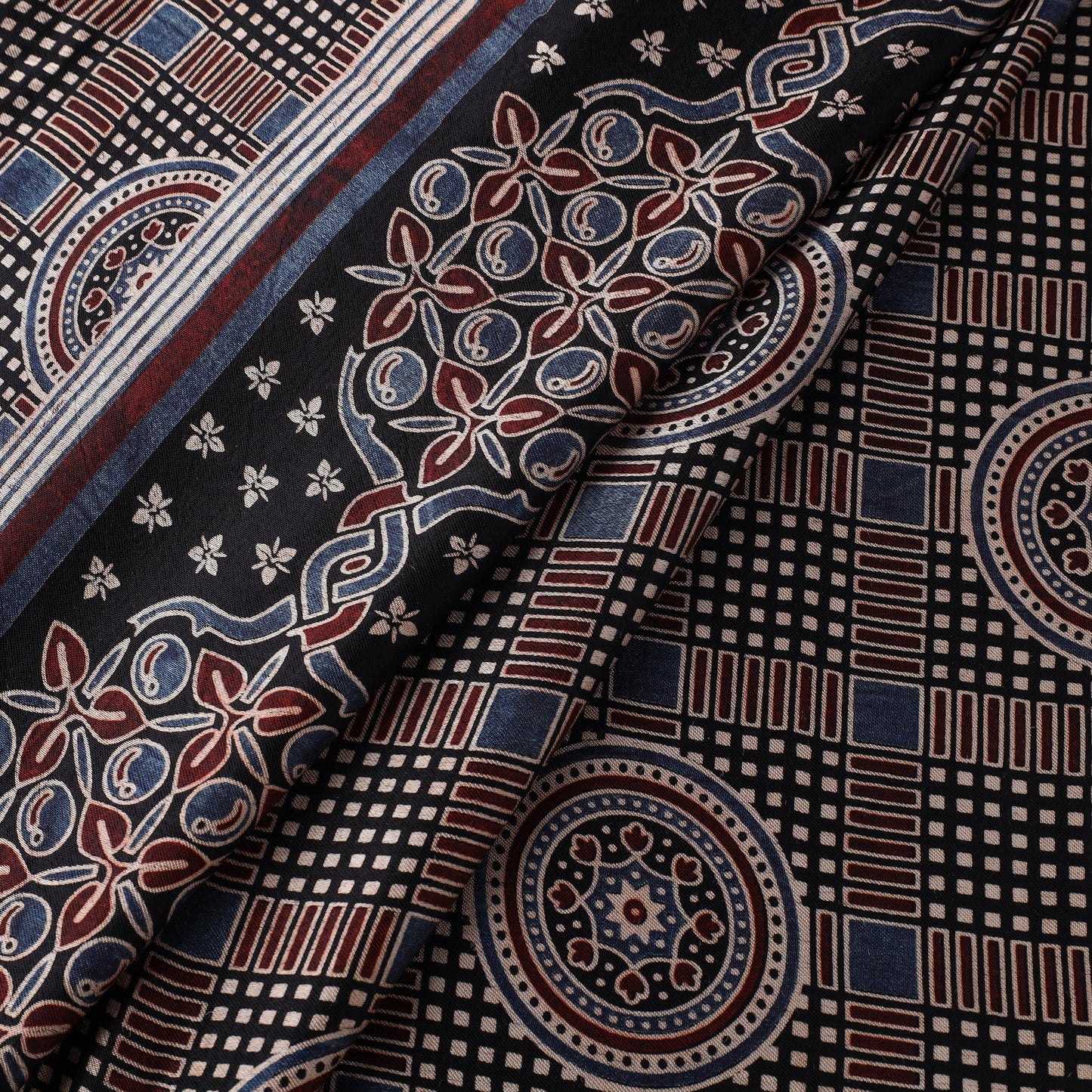 Black Natural Dyed Mashru Silk Ajrakh Print Fabric