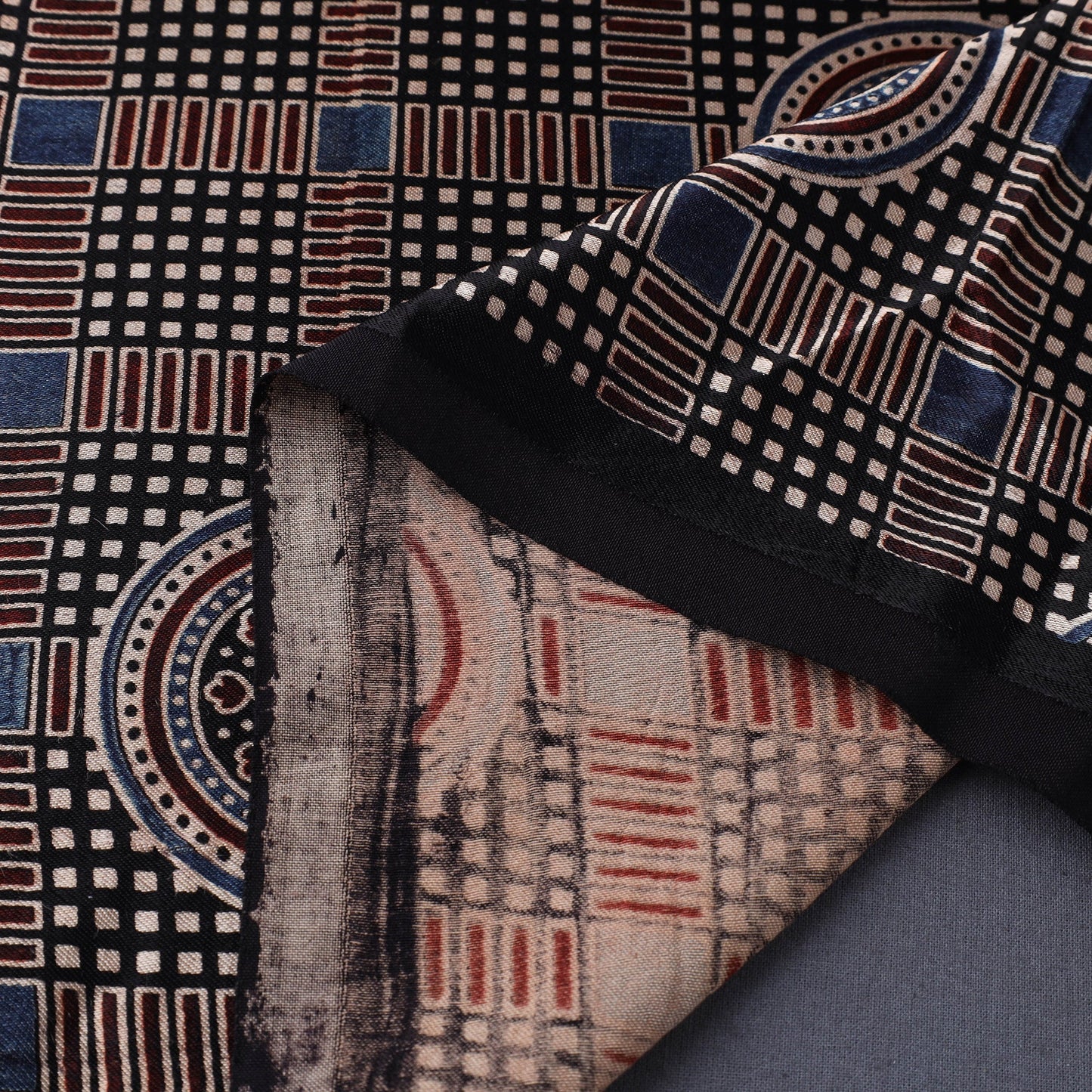 Black Natural Dyed Mashru Silk Ajrakh Print Fabric