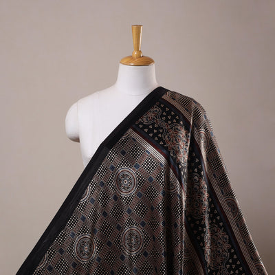 Black Natural Dyed Mashru Silk Ajrakh Print Fabric