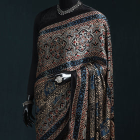 Natural dyed modal silk kutch hand block print ajrakh saree