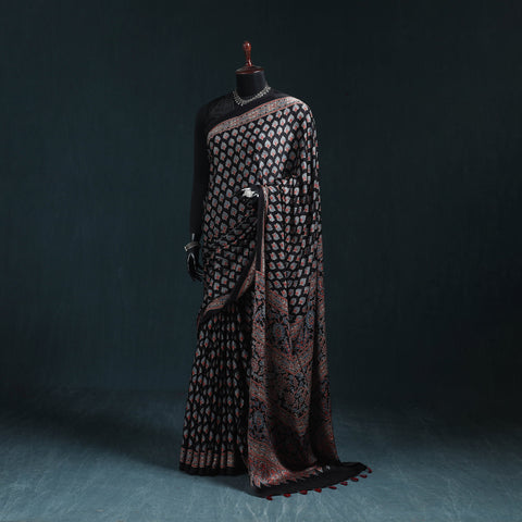 Natural dyed modal silk kutch hand block print ajrakh saree