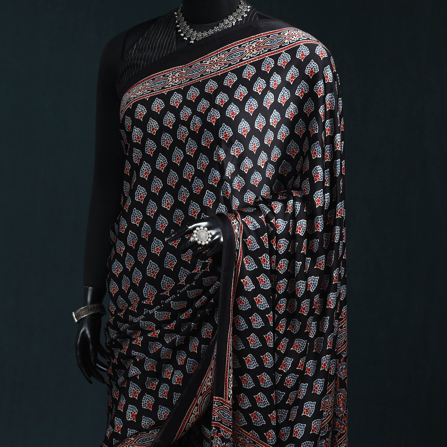 Natural dyed modal silk kutch hand block print ajrakh saree