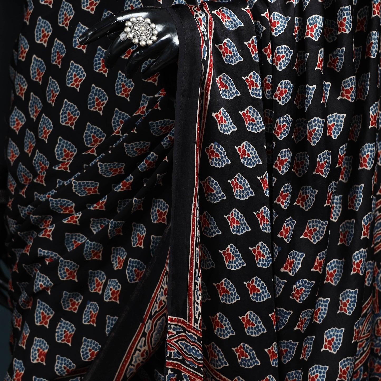 Natural dyed modal silk kutch hand block print ajrakh saree