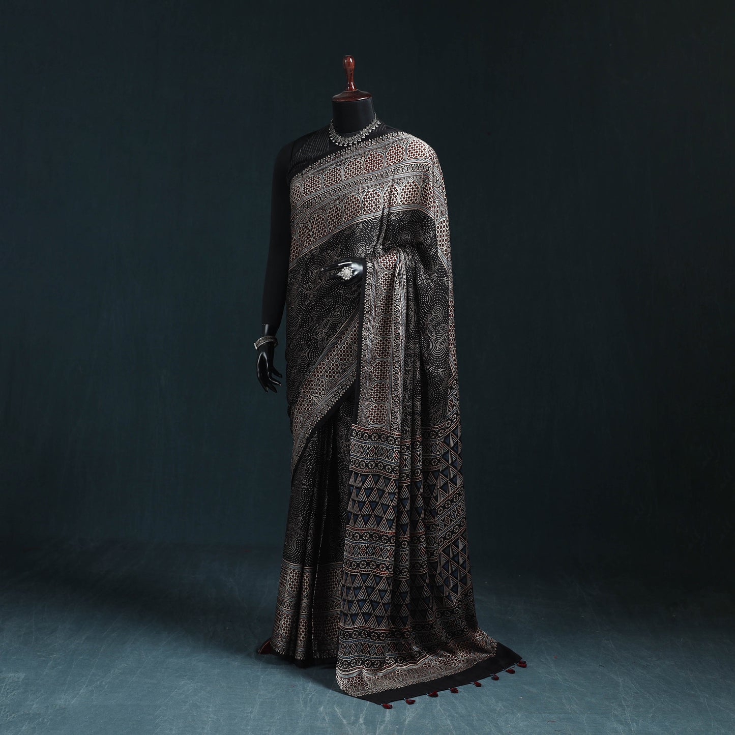 Natural dyed modal silk kutch hand block print ajrakh saree