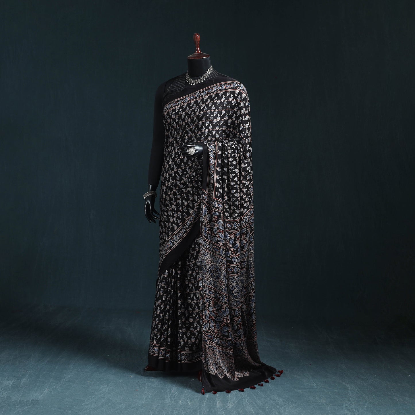 Natural dyed modal silk kutch hand block print ajrakh saree