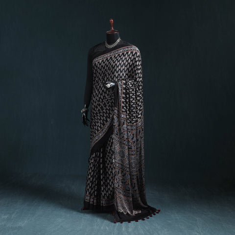 Natural dyed modal silk kutch hand block print ajrakh saree