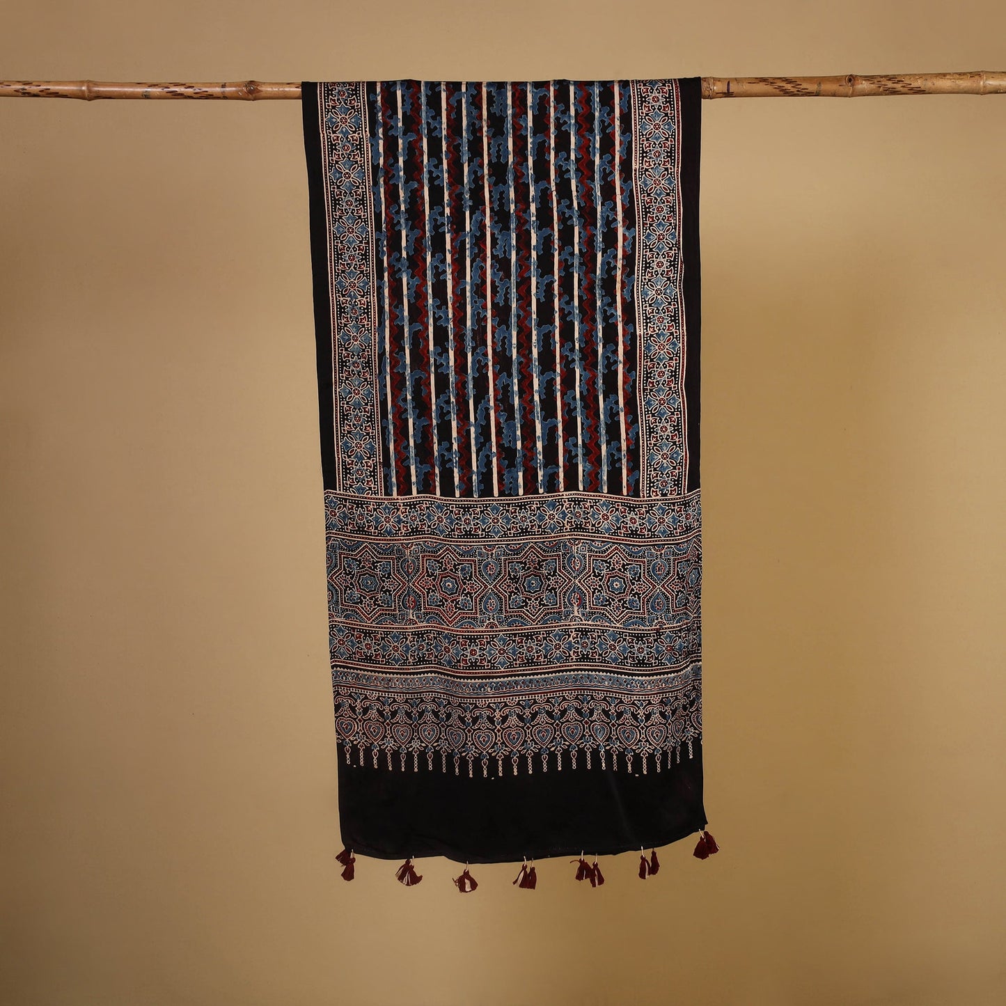 Black Natural Dyed Block Print Modal Silk Ajrakh Stole