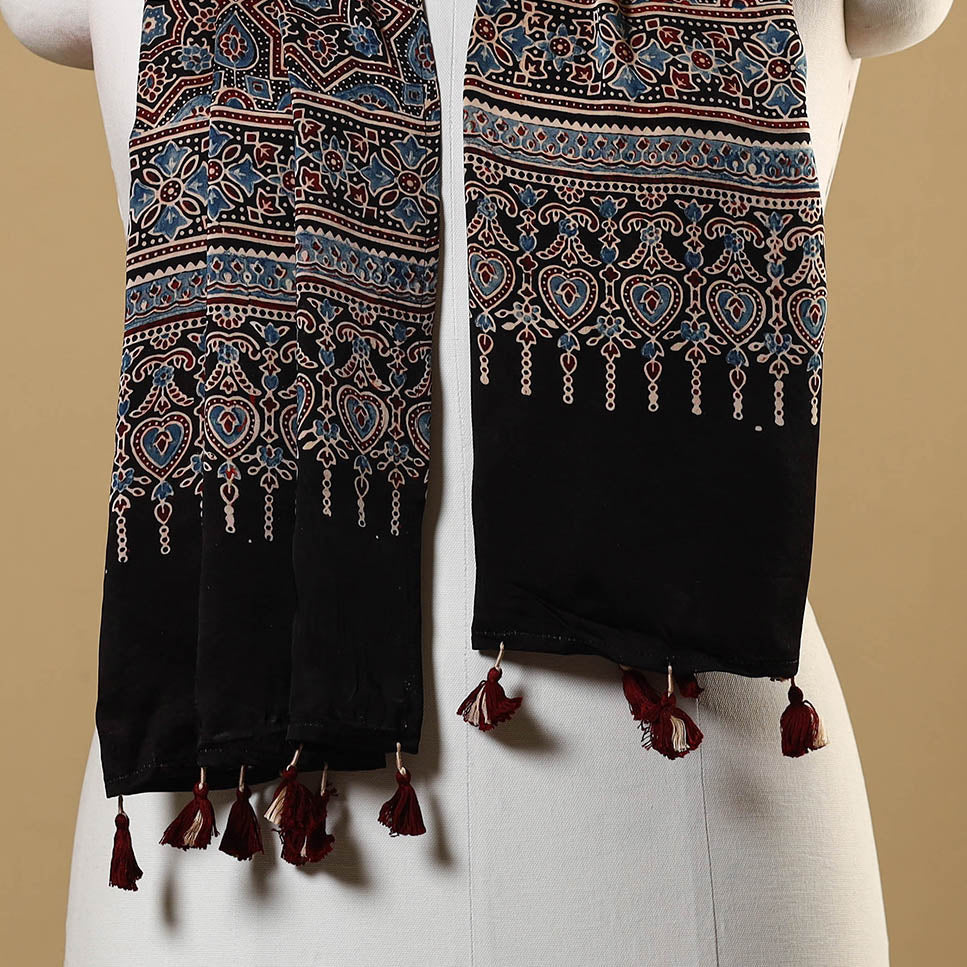 Black Natural Dyed Block Print Modal Silk Ajrakh Stole