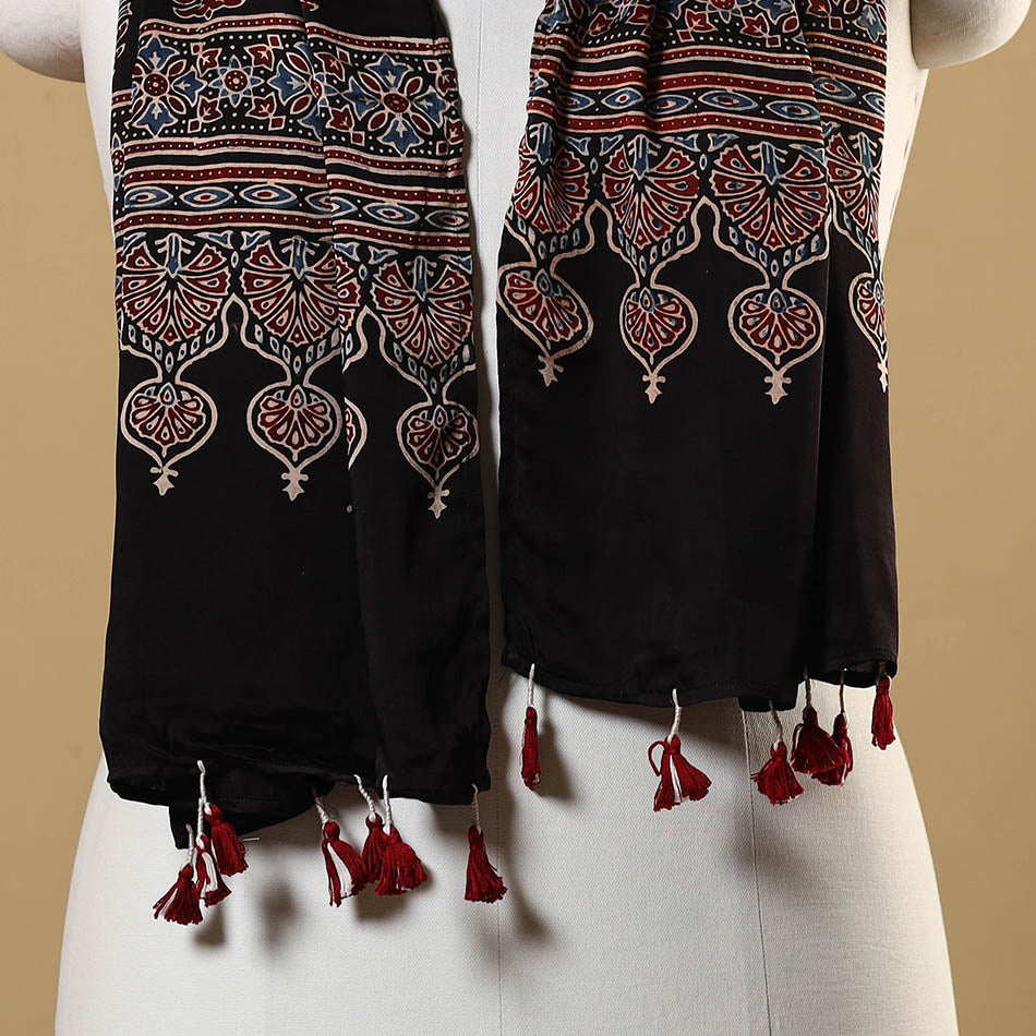 Black Natural Dyed Block Print Modal Silk Ajrakh Stole