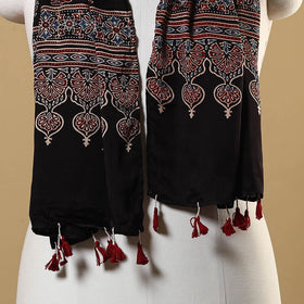 Black Natural Dyed Block Print Modal Silk Ajrakh Stole