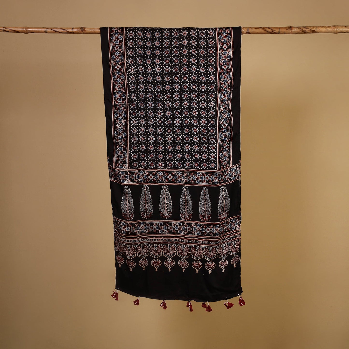 Black Natural Dyed Block Print Modal Silk Ajrakh Stole