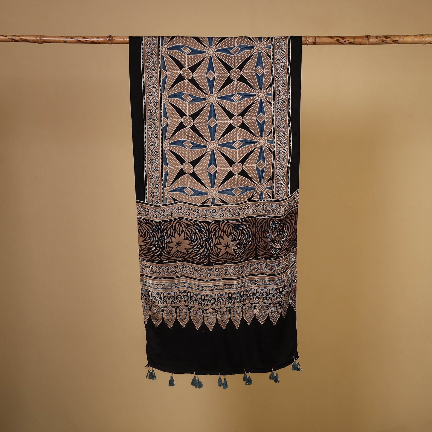 Black Natural Dyed Block Print Modal Silk Ajrakh Stole