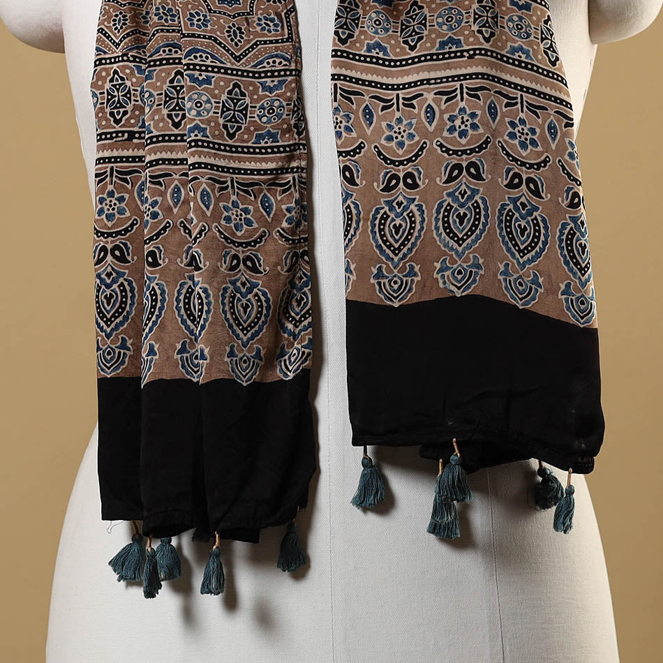Black Natural Dyed Block Print Modal Silk Ajrakh Stole