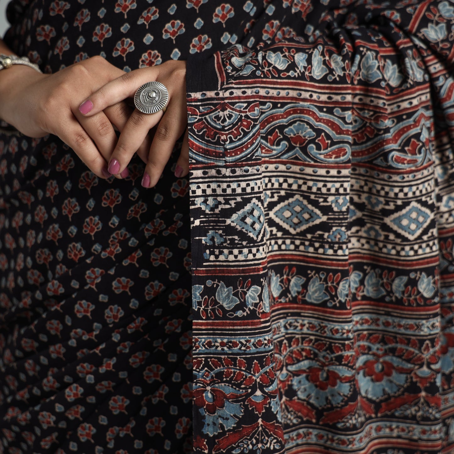  Natural Dyed Block Print Mul Cotton Ajrakh Saree