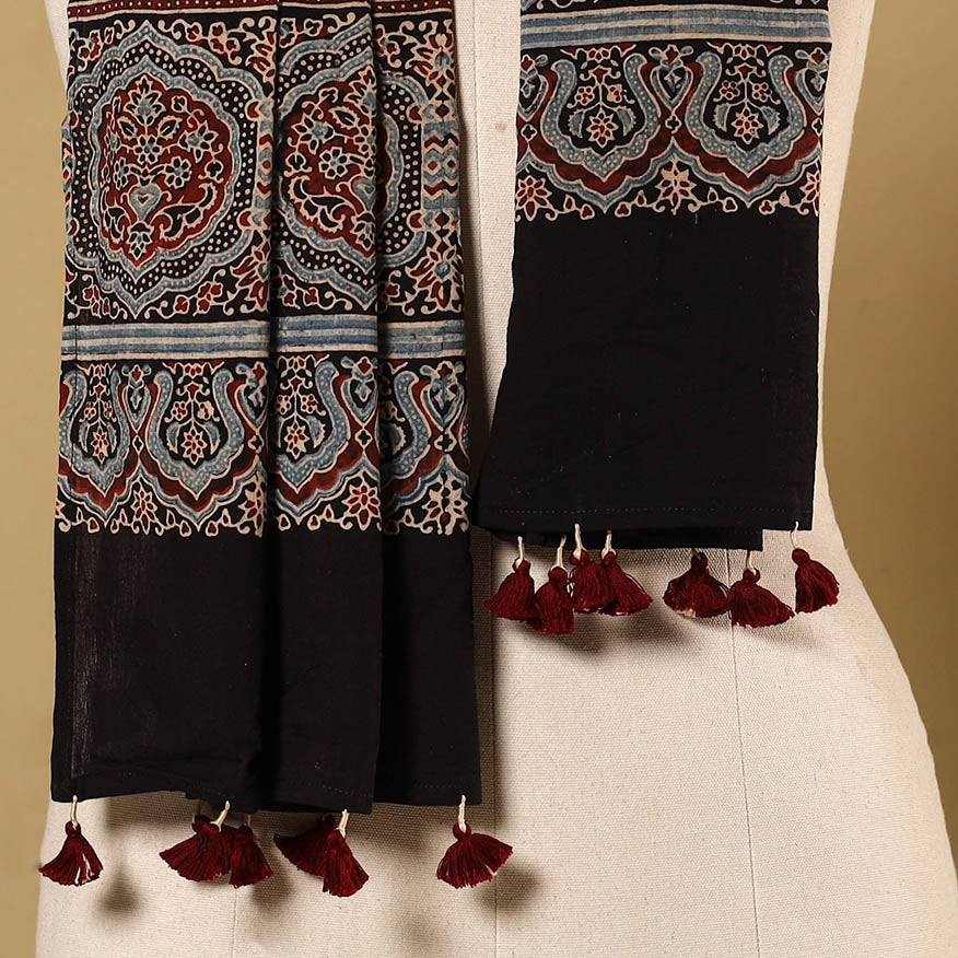 Black Natural Dyed Block Print Mul Cotton Ajrakh Stole