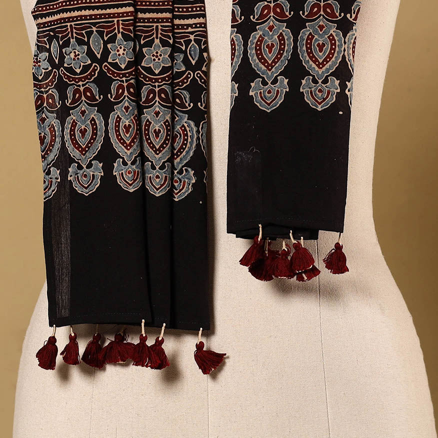Black Natural Dyed Block Print Mul Cotton Ajrakh Stole