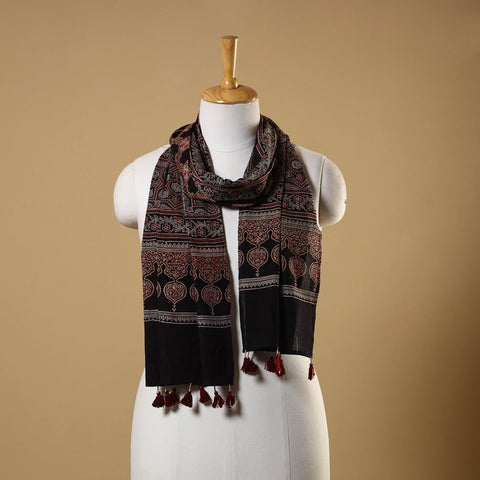 Black Natural Dyed Block Print Mul Cotton Ajrakh Stole 